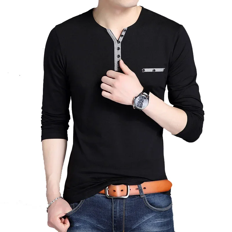 100% Cotton T Shirt Men 2024 Spring Autumn Long Sleeve Button V Neck T-Shirt Men Collar Tee Shirt Male Fashion Casual Tops Black