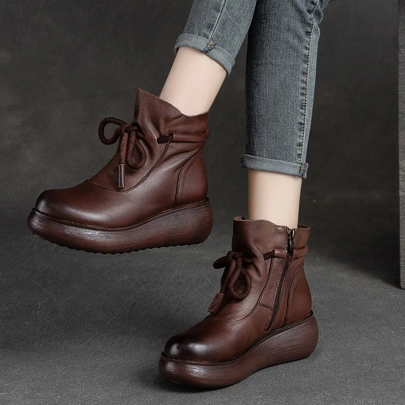 GKTINOO Shoes Women Boots 2024 New Winter Genuine Leather Handmade Round Toe Zip Sewing Wedge Shoes Ankle Platform Boots