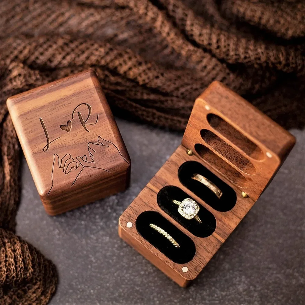 Triple Flip Walnut Wood Ring Box Free Custom Engagement and Wedding Ring Boxes Rings Holder 3 Slots Rings Box Jewelry Bearer