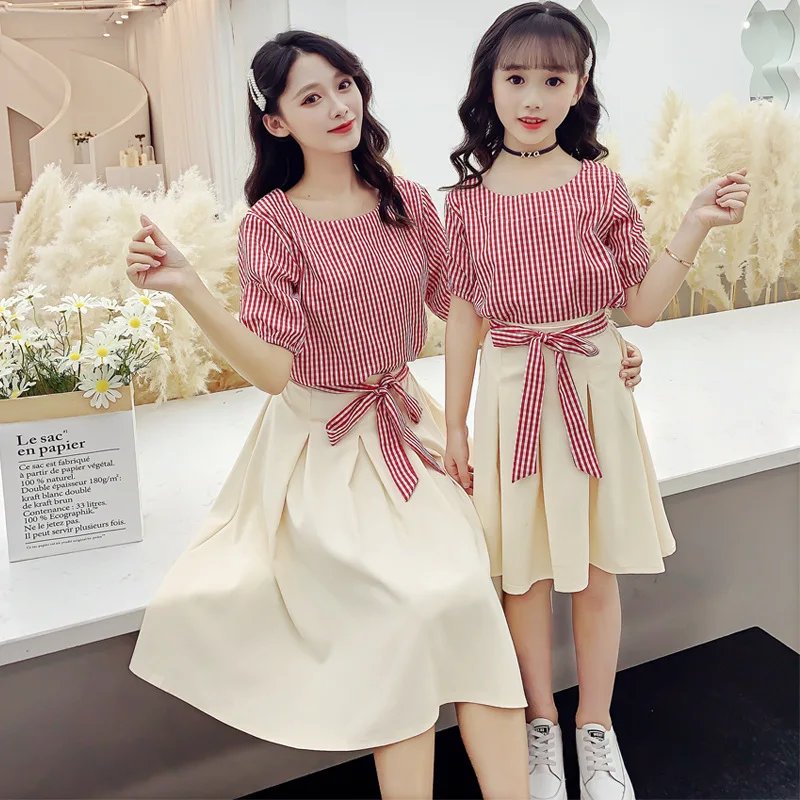 2023 summer new girl Korean version of mother and daughter plaid set parent-child clothing large children skirt set wholesale