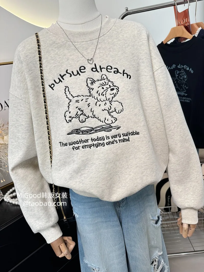 2025 شتاء جديد الكورية نمط سترة موضة الكرتون الكلب التطريز فضفاض سميكة بلوزة من الصوف السيدات البنطال القصير هوديس