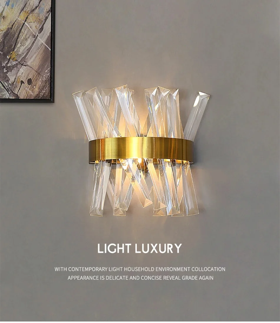 luxo cristal lampada de parede para sala de estar led home decor sconce ouro luminaria moderna aco inoxidavel brilho 01