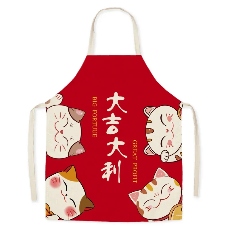 Japanese Cartoon Lucky Cat Decoration Sleeveless Apron Cotton Linen Kitchen Aprons Women Home Cooking Baking Waist Bib Pinafore