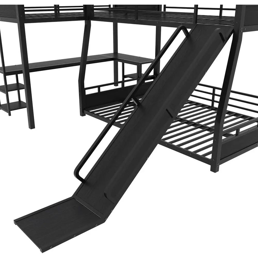 Heavy Duty Triple Bunk Bed, Twin XL Over Queen L-Shaped with Slide, Desk, and Storage, Black view 6