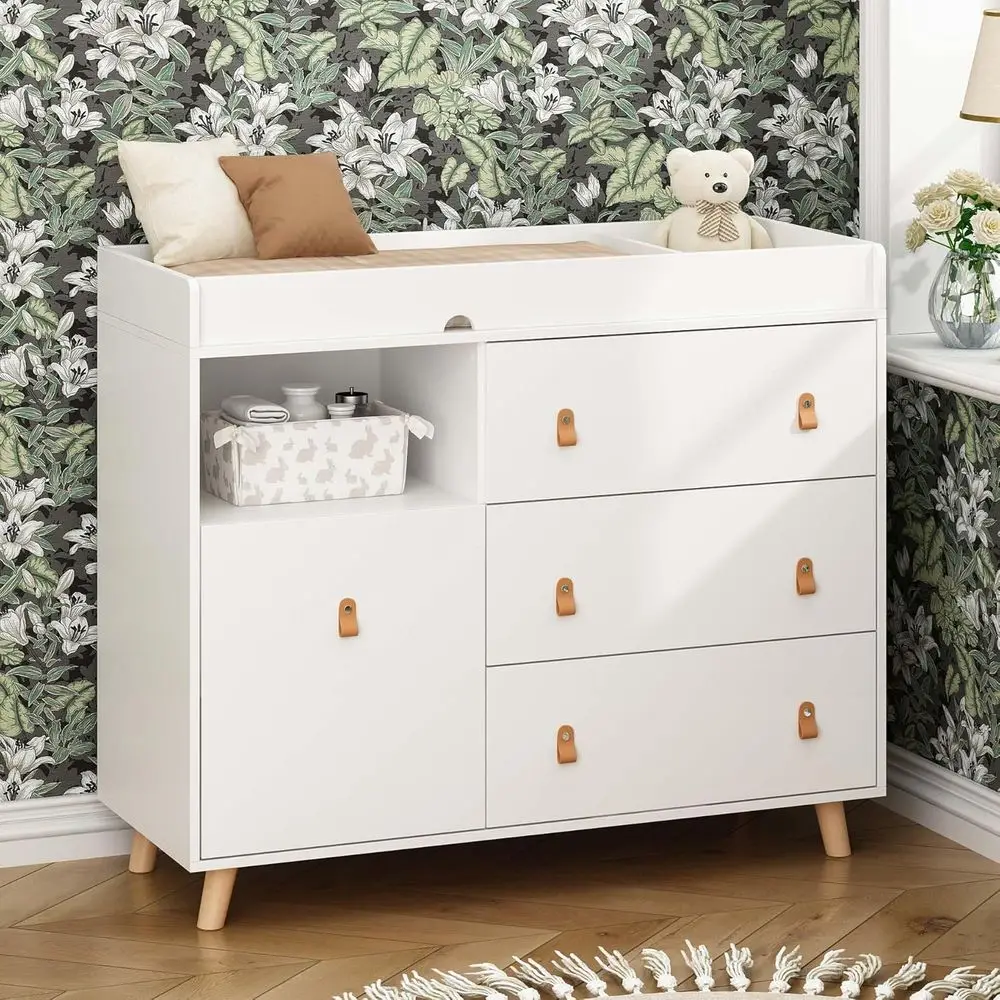 

White 2-in-1 Baby Changing Table with Drawers, Shelves, and Hidden Laundry Basket Storage for Nursery or Daycare