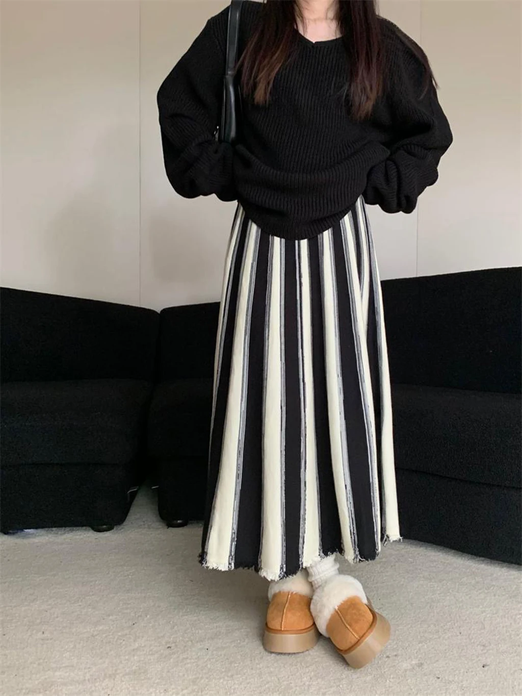 فستان نسائي مخطط بتصميم عتيق لخريف وشتاء 2025 فستان عالي الخصر على شكل حرف a ، فستان محبوك غير رسمي فضفاض وعصري