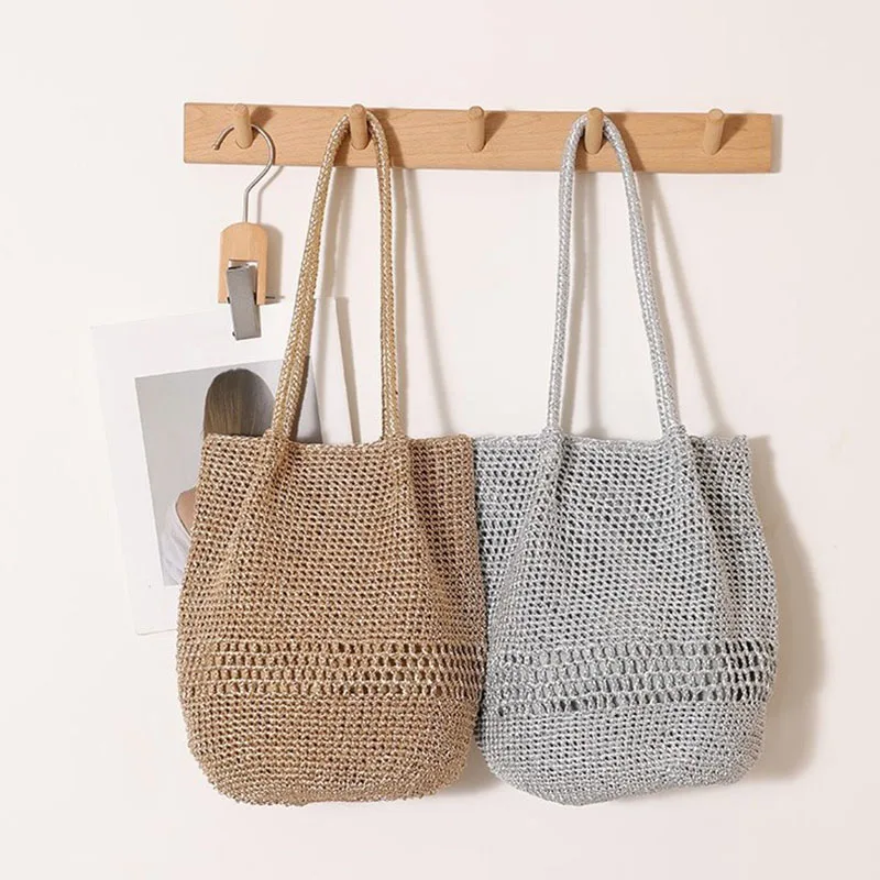Summer Hollow Out Pleated Straw Woven Bags Women's Large Capacity Beach Vacation Shoulder Bag Stylish Solid Color Casual Handbag