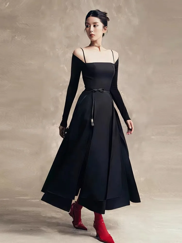 

Fashion Split Off Shoulder Strap Dresses Spring Women Long Sleeves Square Neck Loose Dress Autumn High Waist Knee Length Dress