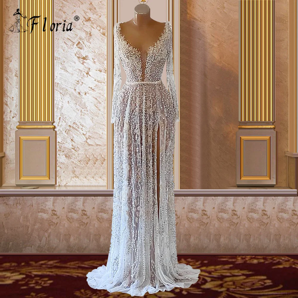 Rất Nhiều Đính Hạt Ngọc Trai Áo Dây De Soiree Cao Cấp Sheer CỔ V Nàng Tiên Cá Xẻ Đầm Vestido De Fiesta De Boda Tay Dài Suknie wieczorowe