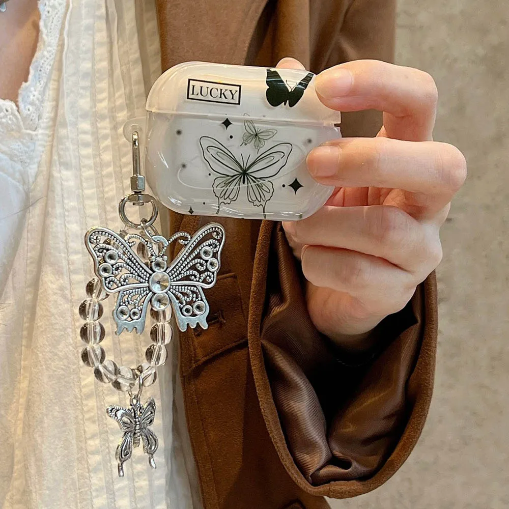 Llavero colgante de mariposa de Metal chapado en negro INS para Apple Airpods Pro 2 1 3 funda de lujo con borde trenzado transparente