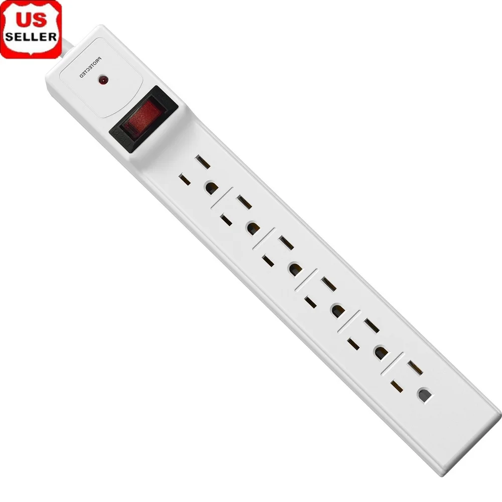 

6 Outlet Power Strip with Built-in Circuit Breaker 6ft Cord UL Listed Fire Retardant Plastic Case SJT Grounded 15A
