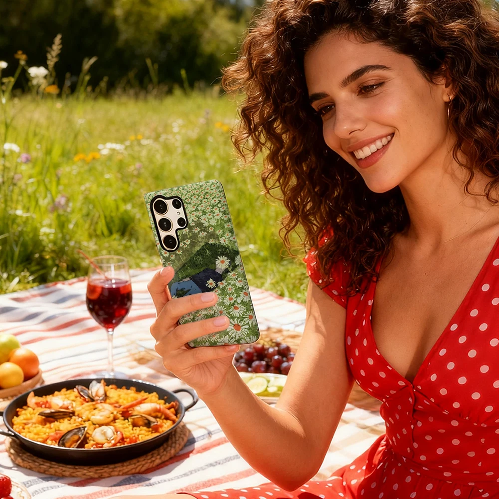 حافظة هاتف حالمة ديزي فيلد لهاتف سامسونج جالاكسي S25 Ultra S24 S23 Ultra Plus غطاء خلفي لامع بطبقة مزدوجة