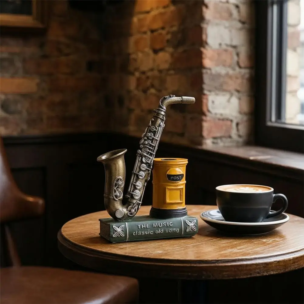 Retro Desk Decor Vintage Saxophone Violin Pen Holder Resin Musical Instrument Desk Organizer Weighted Pencil Stand for Office