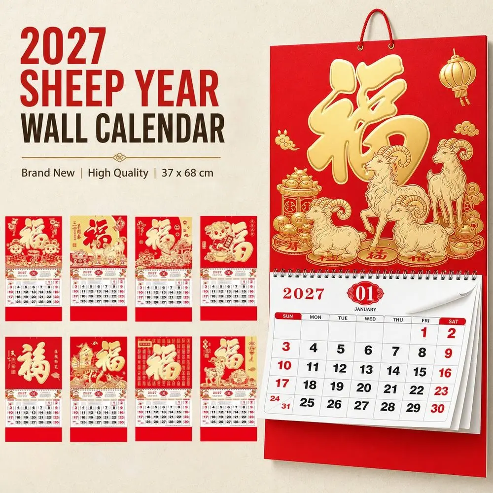 Artistic 2027 Sheep Year Wall Calendar Tear-Off Coil Chinese Zodiac Calendar Fu Symbol Wall Hanging Calendar Home Office Decor