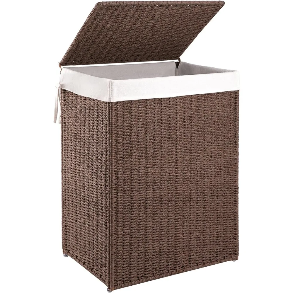 

Складная тканая корзина для белья с крышкой, съемные сумки-вкладыши на 23,8 галлона, ручки для спальни и прачечной - коричневый