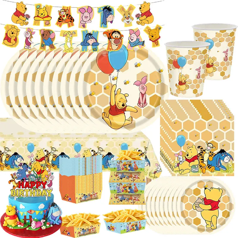 Image of Winnie The Pooh Themen-Geburtstagsdekorationen, Banner, Luftballons, Geschenktüten, Teller, Tischdecke, Kuchenaufsätze, Partyzubehör, Gastgeschenke