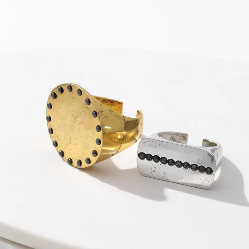 

Vintage Antique Gold Silver Wide Band Ring 2Pcs Set Retro Matte Inlaid Zircon Open Adjustable Ring Minimalist Luxury Finger Jewe