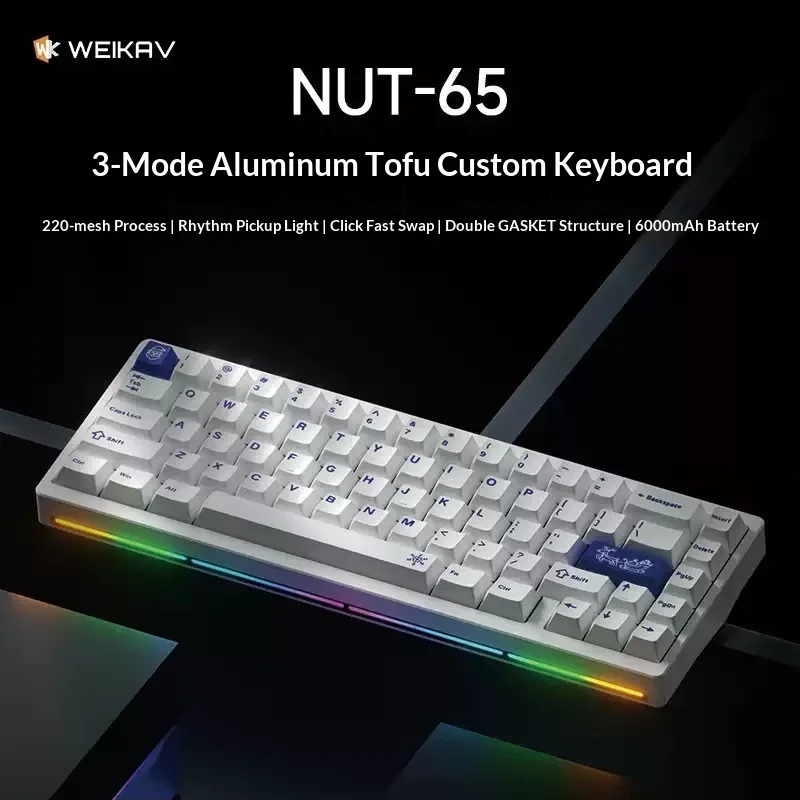 WEIKAV NUT65 Transparent Tri-Mode Aluminum Mechanical Keyboard Hot-Swappable RGB For Gifts
