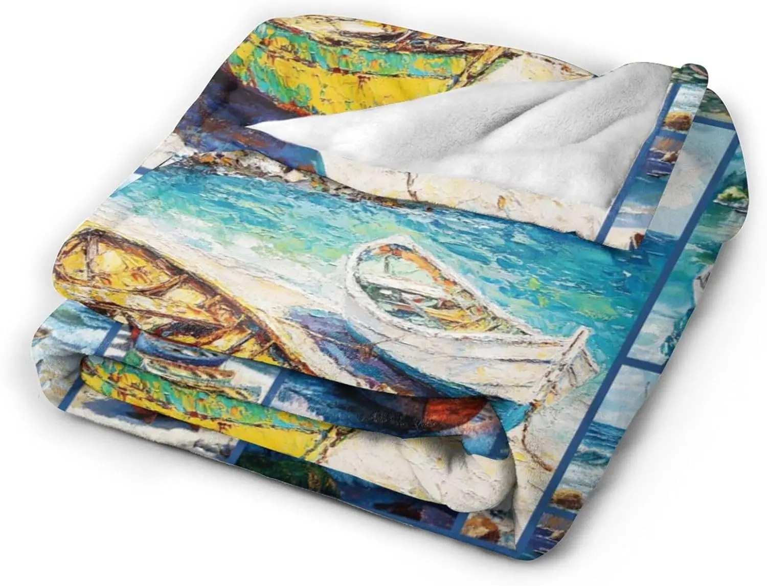 Multi-grid Vintage Sea Town Wooden Boat Ocean View Fleece Blanket Nautical Landscape Throw for Living Room Indoor Family Home
