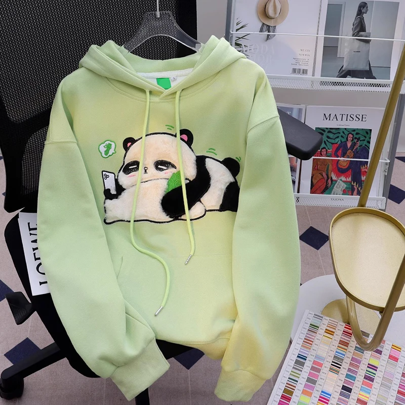 2024 Women Spring Winter Embroidery Print Cute Cartoon Panda Pullover Cotton Loose Hooded Sweatshirt Couple Student Coat Hoodie