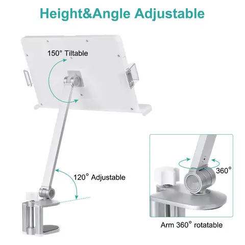 금속 독서 받침대 책 거치대, 페이지 클립 높이 각도 조절 가능, 360 ° 회전 암, 노트북에 적합