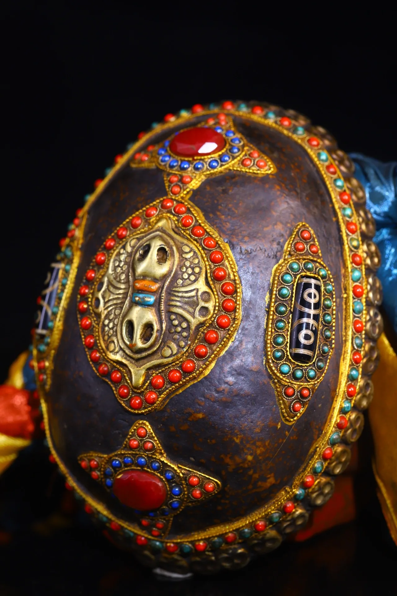 Folk Old Gabbra Bowl Mosaic Gem gZi Beads Skull Head Vajra pattern Kapala Gabbra Bowl Amulet