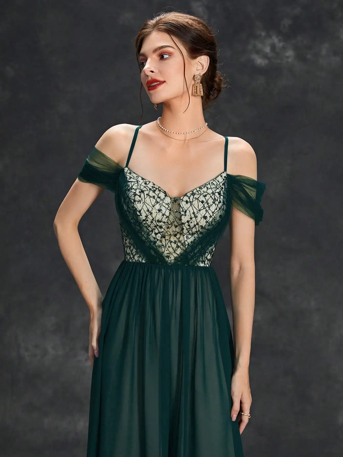 Mgiacy-プリーツシフォンスカート,Vネック,スパンコール,カットアウト,メッシュ,イブニングドレス,ウエディングドレス,イブニングドレス