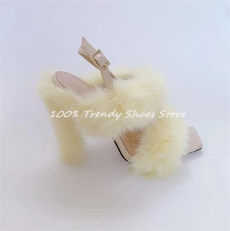 

Plush One-Strap Square Toe High Heel Women Sandals Summer Outside Ankle Belt Buckle Slingback Pumps Ladies Party Dress Shoes