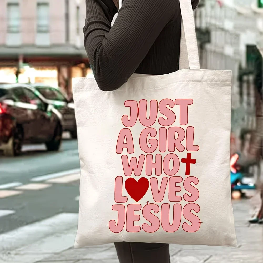 

Just A Girl Who Loves Jesus Tote Bag Pink Print Reusable Bag for Christian Women and Believers