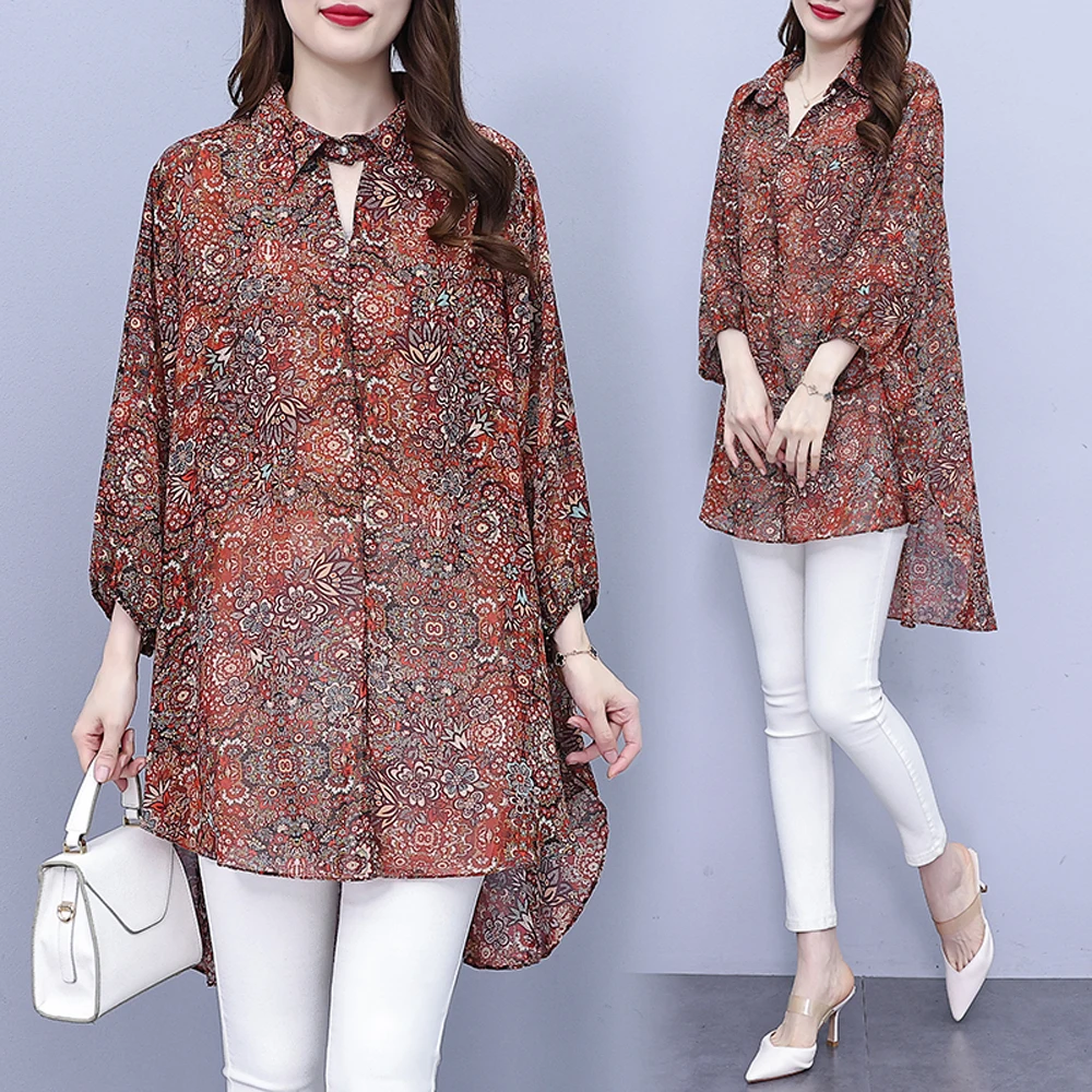 NYFS 2023 Summer New Office Lady Woman Tops Loose All-Match Chiffon Print Short Sleeve Shirt