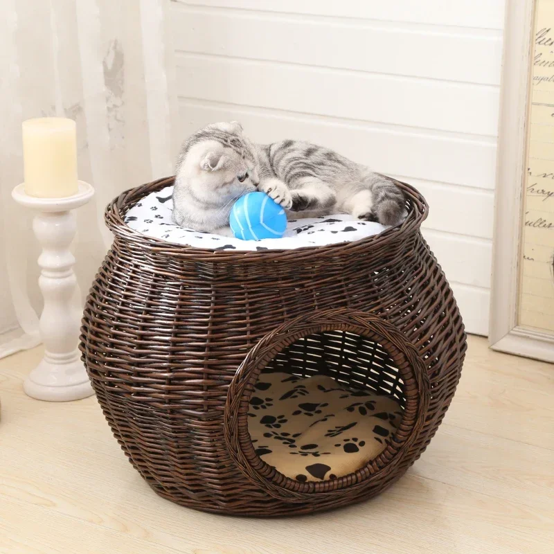 

Manual Rattan Cat House - Natural Wicker Weaving Cat Nest, Durable Cat Bed with Thick Mat, Comfortable Pet House