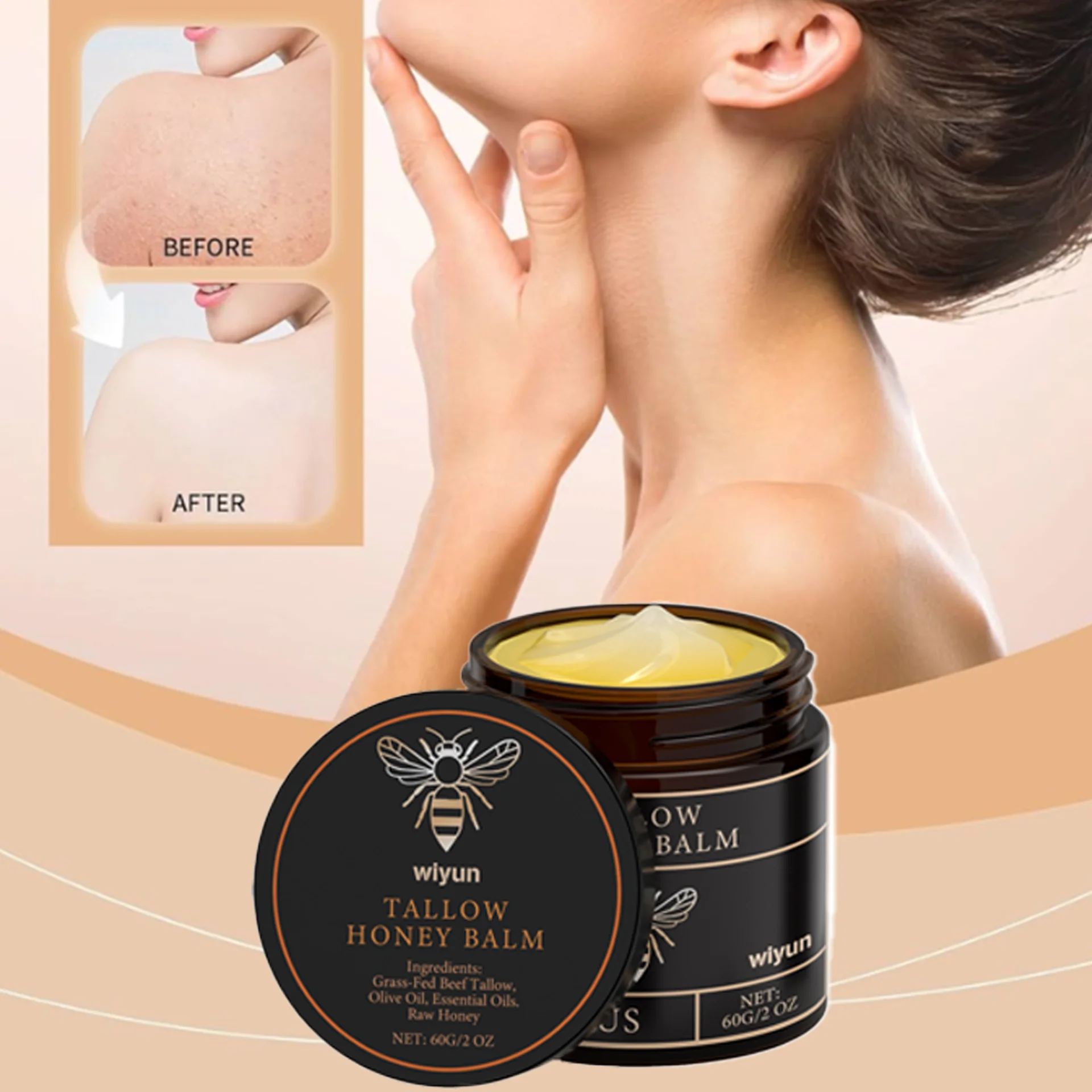 Bálsamo de Sebo de Res Orgánico Alimentado con Pasto con Miel Cruda, Crema Hidratante Totalmente Natural para una Piel Suave y Lisa, Nutrición Cutánea Hecha a Mano