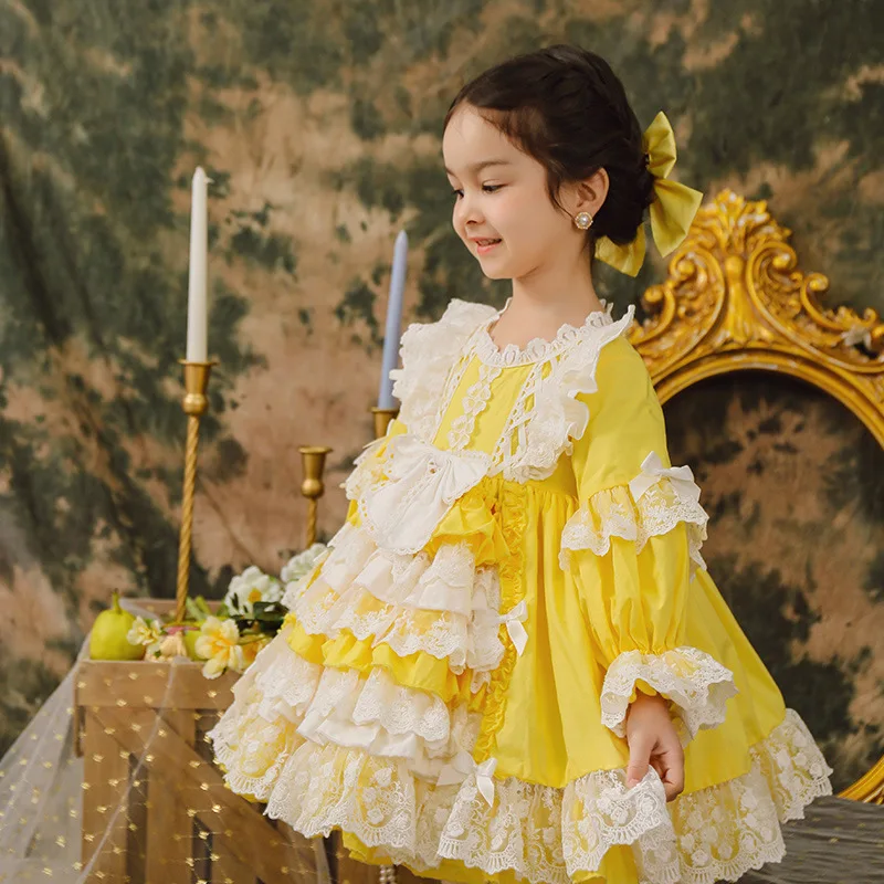 Spring Autumn Vintage Spanish Pompom Ball Gown Lolita Dress for Children Girl Easter Birthday Eid Clothes Baby Girl Dress