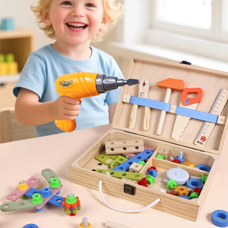 Kids Wooden Tool Box Set, Pretend Play Construction Toy with Electric Drill, Hammer, Screwdriver and DIY Building Accessories