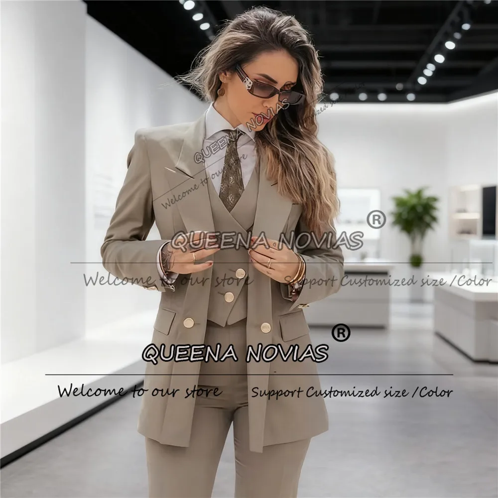 Classic Solid Suits Women For Busienss 3 Pieces Double Breasted Lady Blazers Customized Female Tuxedos trajes de mujer elegante