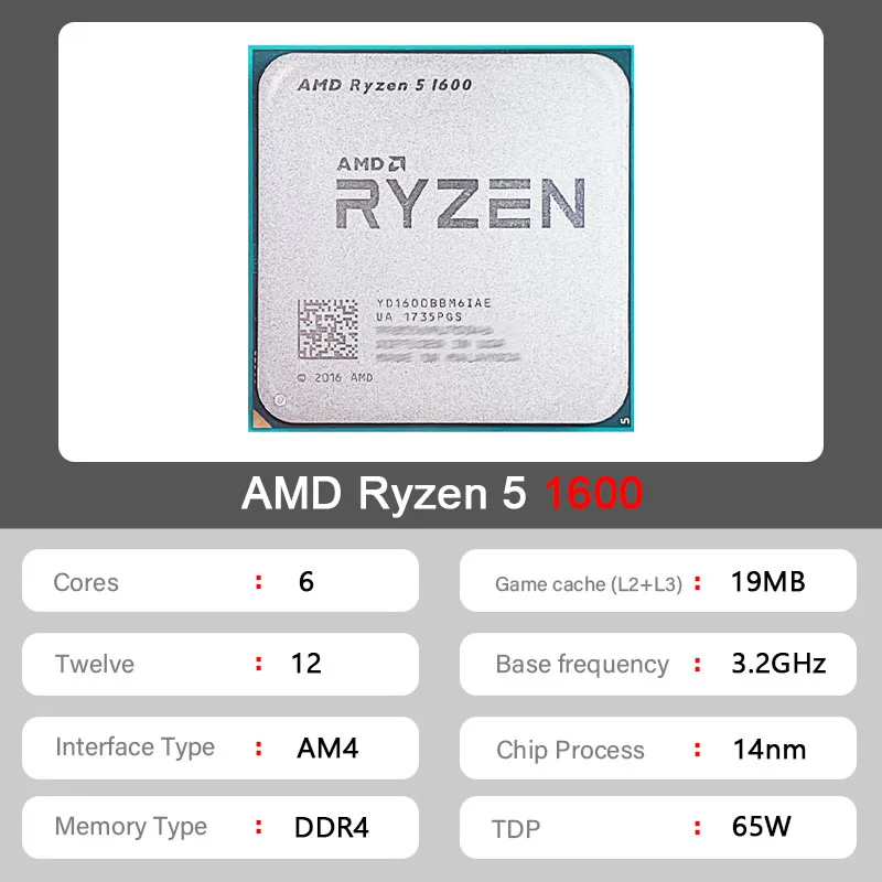 AMD Ryzen 5 1600 R5 1600 3,2 ГГц Используется GAMING Zen 0,014 Шестиядерный двенадцатипоточный процессор 65 Вт YD1600BBM6IAE Разъем AM4