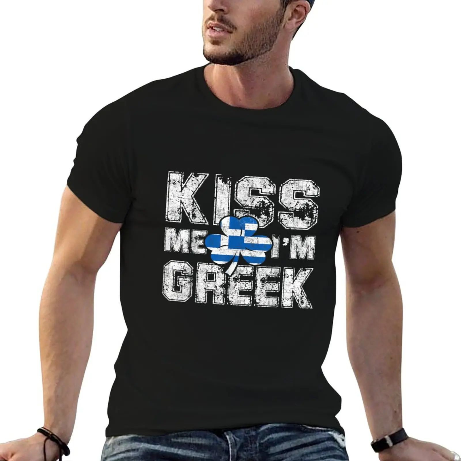 Kiss Me I m Greek Shirt Great Saint Patrick s Day Gift Tee T-Shirt Basic Plain Short Sleeve Crew Neck Tee