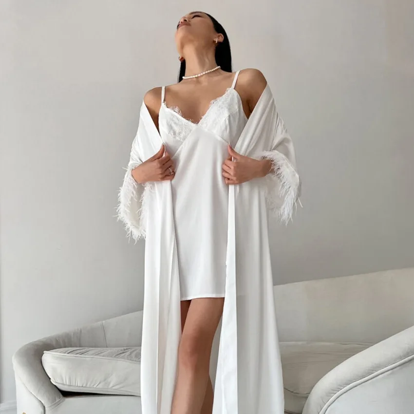 White Bride Wedding Robe Nightgown 2pcs Set Silky Satin Long Kimono Bathrobe Gown Sexy Feather Nightdress Sleepwear Negligee