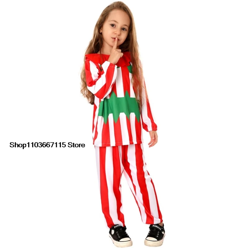 Boys Girls Christmas Stripe Cosplay Costume Top Pants Hat Xmas set  Kids Xmas New Year Party Performance Outfits