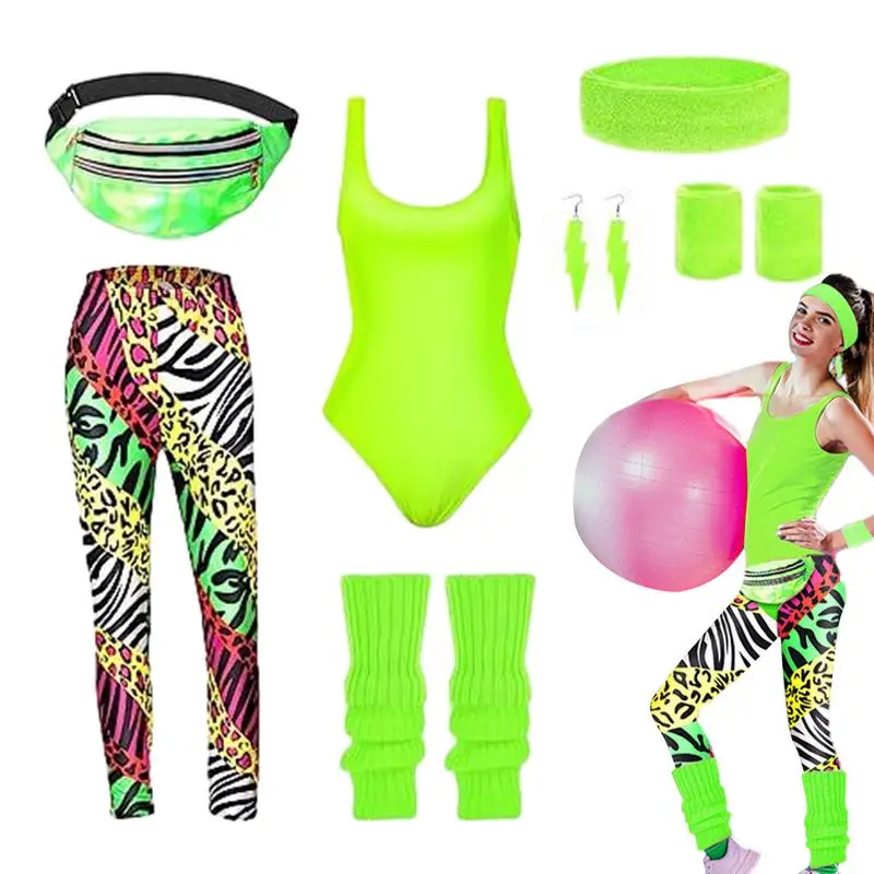 

80s Workout Clothing Set 80s Party Costumes For Women Dance Party Leggings Leg Warmers Fanny Pack Earrings Headband Accessories