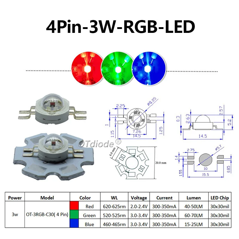 High Power LED Chip 3W 9W 3*3W RGB 4pins 6pins Diode Beads Bulbs Epistar Waterproof Lens Colorful Sources DIY For Stage Light