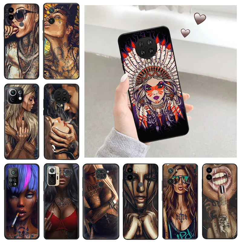 Phone Case for Redmi A2 12 12C 10 10C A 9 9T 9A 9C 9I K40 K50 K60 A1 Plus Mi CC9 Sexy Sleeve Tattoo Girl Camera Protective Cover