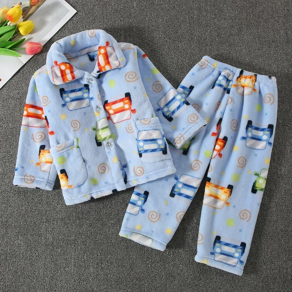 Neue Kinder Jungen Mädchen Herbst Winter Flanell Pyjama Cartoon Langarm Revers Tops mit Hosen Pyjama Nachtwäsche Kleidung Sets