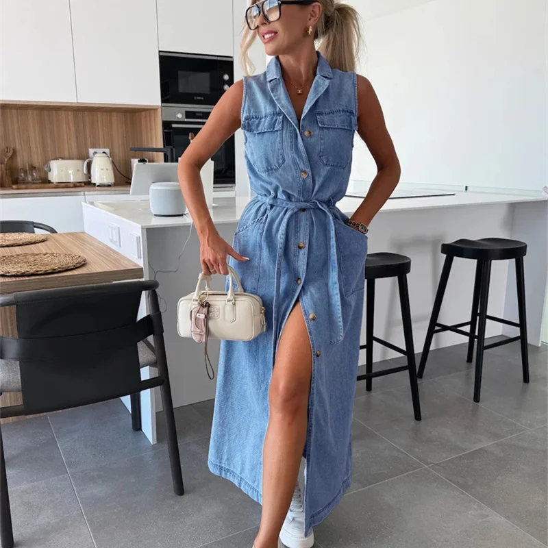 فستان دينم واحد الصدر مكون من 11 لونًا موضة جديدة لعام 2025 فستان نسائي صيفي ربيعي بدون أكمام وشاحات رفيعة من جان ماكسي ملابس خروج