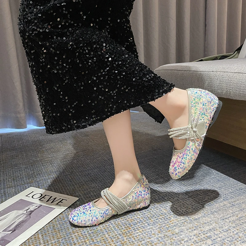 Женские туфли на одной платформе с блестками, новинка 35–40, туфли Мэри Джейн с круглой головкой и неглубоким носком, темпераментные туфли Мэри Джейн с юбкой Fairy Flash Diamond