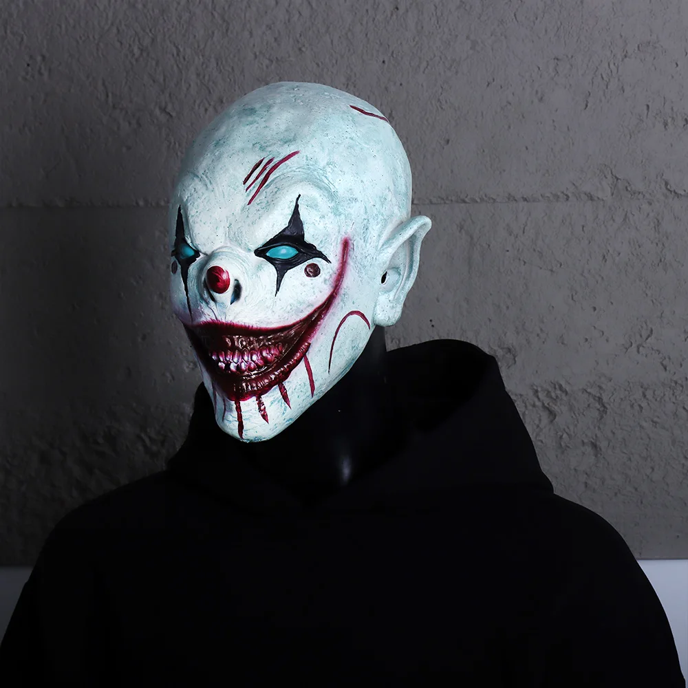 فستان كرنفال الهالوين زي الحفلات الدعائم المهرج في الصندوق قناع تأثيري الرعب الشيطان الدموي القاتل الجوكر اللاتكس خوذة