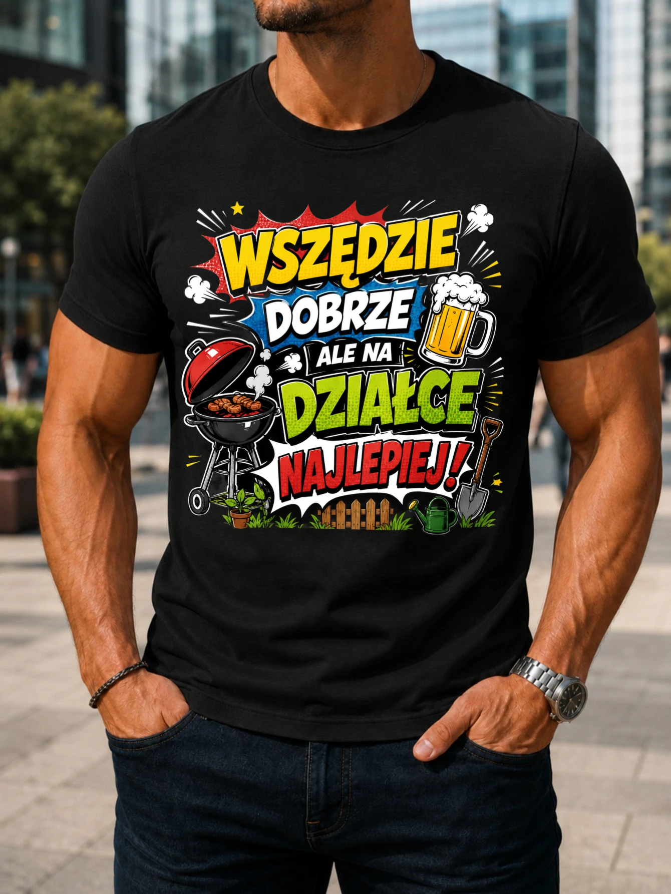 Polish Garden Wszedzie Dobrze Dzialce Najlepiej Comic Text Grill Beer Fence And Shovel Theme Unisex  Unisex All T-Shirt