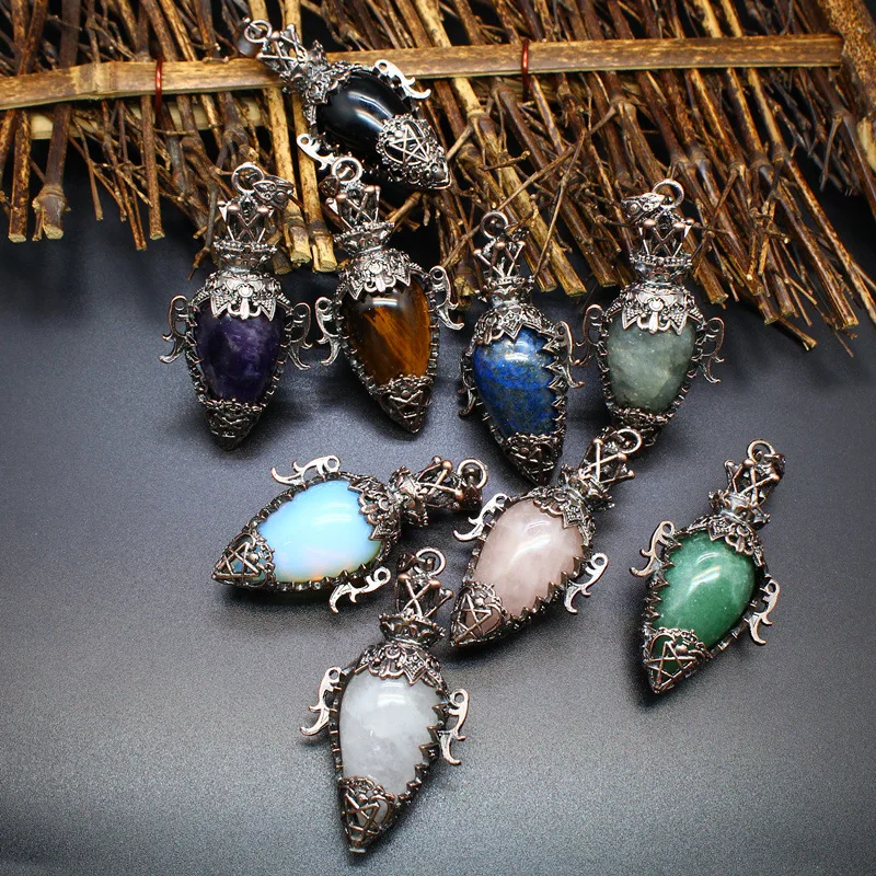 Chinese Style Vintage Copper Tone Hollow Bottle Pendant Necklace Natural Crystal Tiger Eye Stone Pendulum Lucky Blessing Fortune
