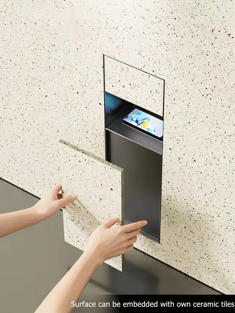 Recessed Bathroom Wall Niche 304 Stainless Steel Embedded Hidden Trash Can Spray‑Coated for Toilet Side 240x640x140mm