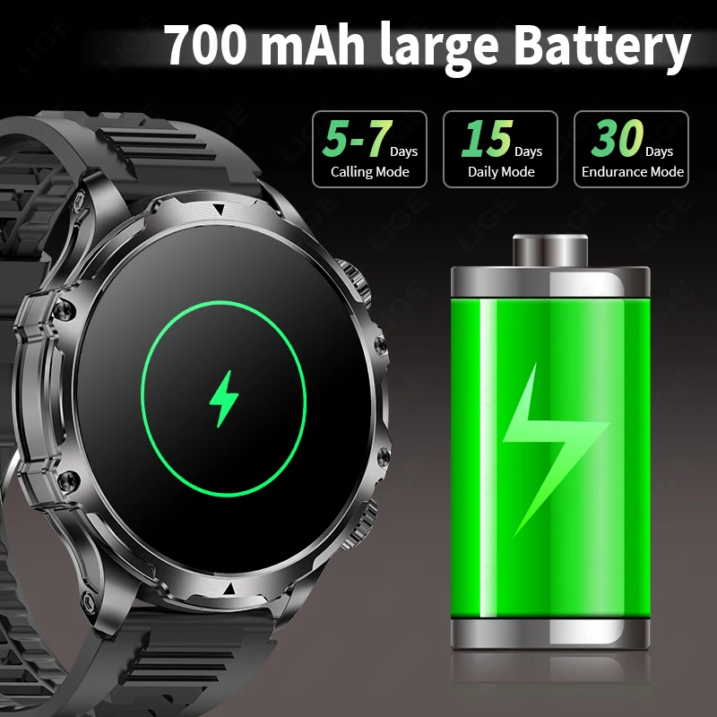 LIGE New 700mah Large Battery Outdoor Smart Watch Men Flashlight Military Watches 1.90'' HD Bluetooth Call Sports Smartwatch Man